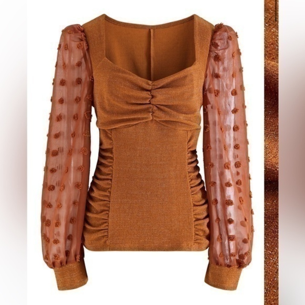 NWT Chicwish Sweetheart Neck Ruched with sheer sleeves In pumpkin Size S